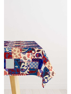 Cango Home Kırmızı Lacivert Etnik Patchwork Desenli Dijital Baskılı Masa Örtüsü CGH623-MS