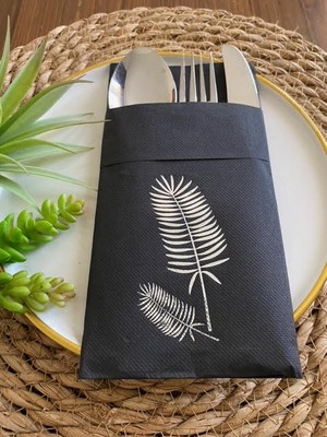 Kidspartim Gümüş Siyah Cepli Palmiye Peçete 12 Adet 40X40