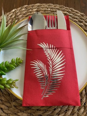 Kidspartim Gümüş Yaldızlı Kırmızı Yaprak Cepli Peçete 12 Lı 40X40