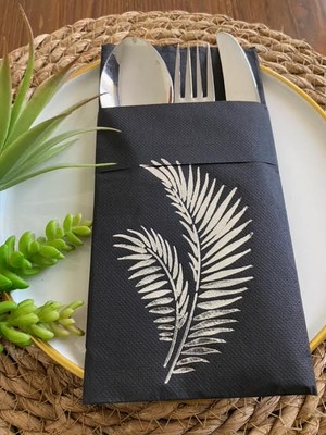 Kidspartim Gümüş Yaldızlı Siyah Yaprak Cepli Peçete 12 Lı 40X40