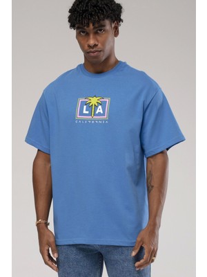 Glb Catch Erkek Owersıze Bisiklet Yaka Önü L A Californıa Baskılı Tişört -Mavi