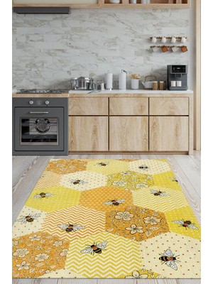 Homshtag Petek Tonları Dokuma Tabanlı Yıkanabilir Sarı Renk Halı Hayvan Baskılı Renkli Mutfak Halısı