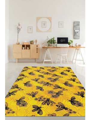 Homshtag Arı Kovanı Dokuma Tabanlı Yıkanabilir Sarı Renkli Halı Hayvan Baskılı Renkli Mutfak Halısı