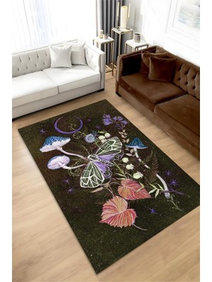 Homshtag Mikro Orman Koyu Renkli Mantarlı Mutfak Halısı Siyah Mantar Baskılı Özel Tasarım Halı