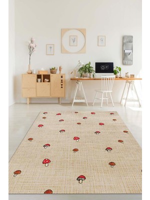 Homshtag Minimalist Mantarlar Bej Renkli Mantarlı Mutfak Halısı Mantar Baskılı Özel Tasarım Halı