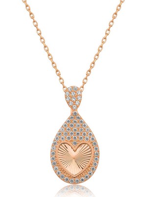 Stil Love Gümüş Rose Damla Kalp Bayan Kolye