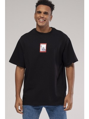 Glb Catch Erkek Owersıze Bisiklet Yaka New York Baskılı Tişört -Siyah