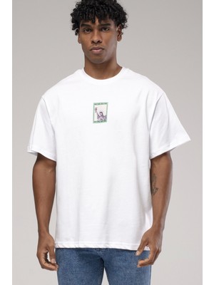 Glb Catch Erkek Owersıze Bisiklet Yaka New York Baskılı Tişört -Beyaz