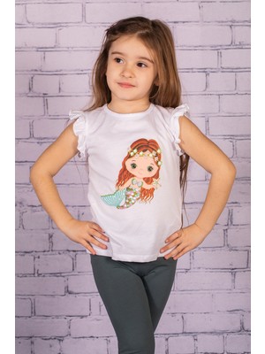 Zeyland Kız Bebek Deniz Kızı Baskılı Beyaz Kolları Fırfırlı T-Shirt