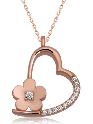 Stil Love Gümüş Rose Çiçekli Kalp Kadın Kolye