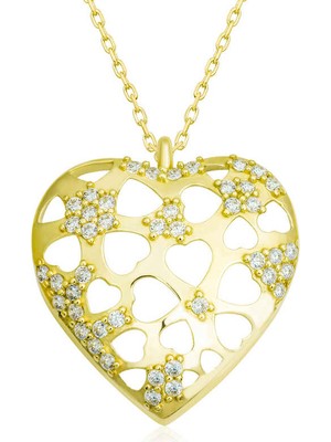Stil Love Gümüş Gold Bombeli Kalp Kadın Kolye