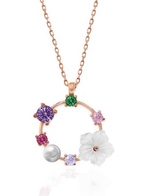 Stil Love Gümüş Rose Renkli Taşlı Manolya Çiçeği Kadın Kolye