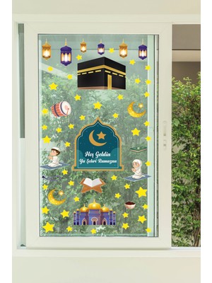 Ada Duvar Ramazan Ayı Temalı Süsleme, Kabe ve Ramazan Figürleri Cam Duvar Sticker Seti
