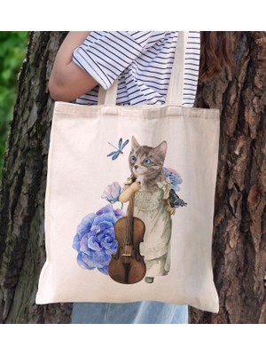 Bk Gift Kedi Tasarımlı Kanvas Bez Çanta, Baskılı Omuz Çantası, Alışveriş Çantası, Plaj Çantası, Arkadaşa Hediye-3