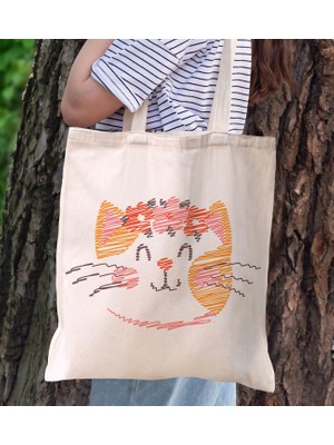 Bk Gift Kedi Tasarımlı Kanvas Bez Çanta, Baskılı Omuz Çantası, Alışveriş Çantası, Plaj Çantası, Arkadaşa Hediye-5