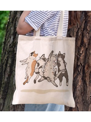 Bk Gift Kediler Tasarımlı Kanvas Bez Çanta, Baskılı Omuz Çantası, Alışveriş Çantası, Plaj Çantası, Arkadaşa Hediye-2
