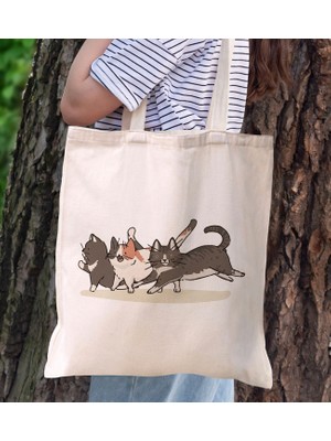 Bk Gift Kediler Tasarımlı Kanvas Bez Çanta, Baskılı Omuz Çantası, Alışveriş Çantası, Plaj Çantası, Arkadaşa Hediye-1