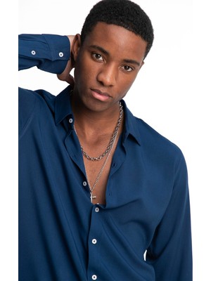 Tudors Slim Fit Uzun Kol Lacivert Dökümlü Viskon Erkek Gömlek Klasik Stil Dar Kesim