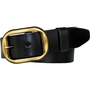 Goderi   Deri, Efsane Gold Fırçalı Tokalı, Siyah Kadın Kot Kemeri 4 cm