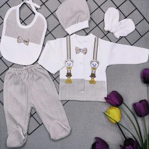 Baby Kids Colors Ayıcıklı Kahve Papyonlu Yenidoğan Bebek 5 Li Hastane Çıkış Seti K2151