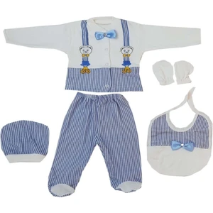 Baby Kids Colors  Ayıcıklı Mavi Papyonlu Yenidoğan Bebek 5 Li Hastane Çıkış Seti BOM002