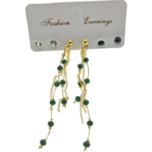 X-lady Accessories Fashion Earrings Altın Renk Yeşil Boncuk Salkım Şık Sallantılı Elişi Kombin Küpe - 2217