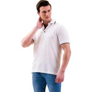 Exve Exclusive Beyaz Üzerine Geometrik Desenli Yaka Kol Biye Detaylı Polo Yaka Kısakol Pamuk Slim Fit Tişört