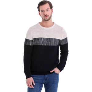 Lacivert Regular Fit Çizgili Bisiklet Yaka Triko Kazak