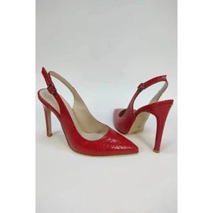 La Limar Kırmızı Yılan Derisi  Desenli  Stiletto Sivri Burun Kadın Topuklu Ayakkabı