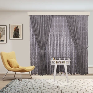 Damaks Osmanlı Desen Gri Örme Iç Tül ve Fon Komple Takım Sık Pile Tül Perde