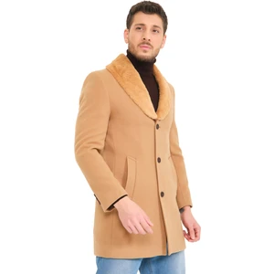 Kürklü V Yaka Açık Camel Kaşe Kaban