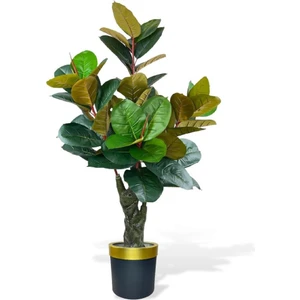 Yapay Ağaç Kauçuk Ağacı Metal Gold Kemerli Saksıda Ficus Elastica Salon Çiçeği 150*90 61 Yaprak