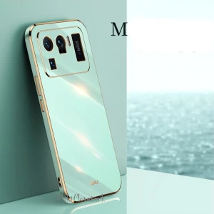 M.TK Moveteck Xiaomi Mi 11 Ultra Uyumlu Kılıf Kamera Korumalı Parlak Gold Kenarlı Yumuşak Silikon Kapak Altın Işlemeli Tarz Silikon