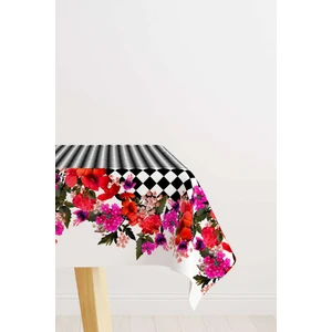 Cango Home Siyah Beyaz Kareli Çiçek Desenli Dijital Baskılı Masa Örtüsü CGH1106-MS