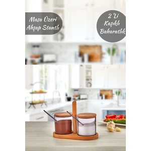 Vioss Home 2 Li  Kaşıklı Baharatlık Ahşap Stantlı Ahşap Kapaklı  Masa Üzeri Set