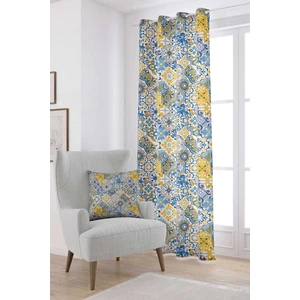 Cango Home Mavi Sarı Vintage Retro Desenli Dijital Baskılı Perde CGH614-PR