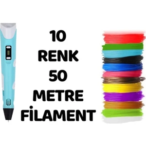 Teknoartshop Mavi 3D Pen Üç Boyutlu Kalem 5 Metre 10 Adet Filement ve Adaptor ile Birlikte (50 Metre)