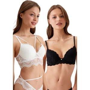 Pierre Cardin 2'li Ekonomik Paket Siyah-Ekru 4731001-2 Rome Balenli Soft Push Up Dantelli Sütyen Set