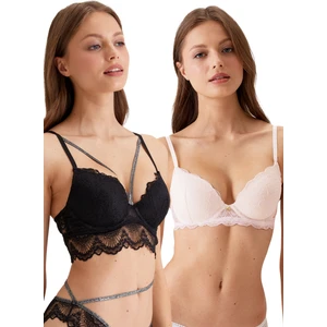 Pierre Cardin 2'li Ekonomik Paket Pudra-Siyah 4731001-2 Rome Balenli Soft Push Up Dantelli Sütyen Set