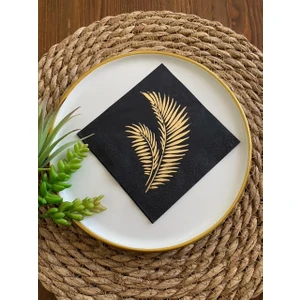 Gold Yaldızlı Siyah Yaprak Kokteyl Peçete 24X24