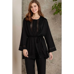 Pierre Cardin 2800 Kadın Penye Dantelli Sabahlıklı Pijama Takım-Siyah