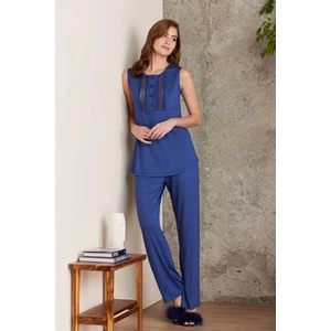 Pierre Cardin 2800 Kadın Penye Dantelli Sabahlıklı Pijama Takım-Lacivert