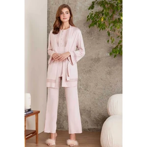 Pierre Cardin 2800 Kadın Penye Dantelli Sabahlıklı Pijama Takım-Pudra