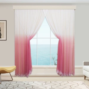 Degrade Renk Geçişli Pembe Etekleri Nakışlı Kruvaze Sık Pile Tül Perde