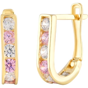 Moom Mücevherat Kadın 14 Ayar Altın Küpe Minimalist Zirkon Taşlı Pembe Modern Altın Küpe 13 mm