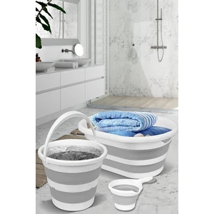 Meleni Home 3'lü Set Katlanabilir Çamaşır Sepeti Katlanabilir Akordiyon Su Kovası Temizlik Seti Gri