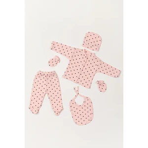 Baby Kids Colors  5 Parca Hastane Çıkışı Zıbın Set Yeni Doğan Fitilli Pembe Kumaşa Laci Kalpli
