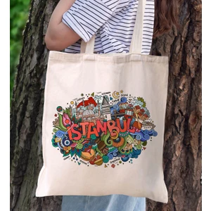 Bk Gift Istanbul Tasarımlı Kanvas Bez Çanta, Baskılı Omuz Çantası, Alışveriş Çantası, Plaj Çantası, Arkadaşa Hediye-8