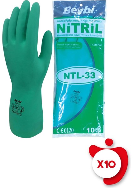 Ntl-33 Yeşil Kimyasal Koruyucu Nitril İş Eldiveni 9 Beden 10 Paket