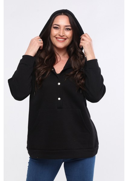 Kadın Büyük Beden Kanguru Cepli Basic Siyah Sweatshirt